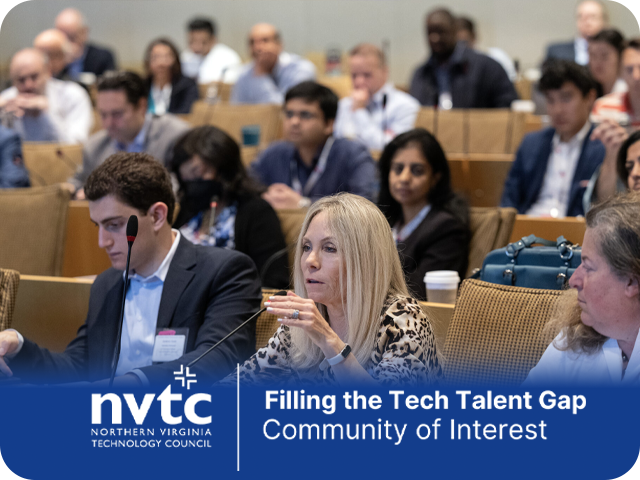 Filling the Tech Talent Gap logo overlayed a photo of a blond woman asking a question in theater seating